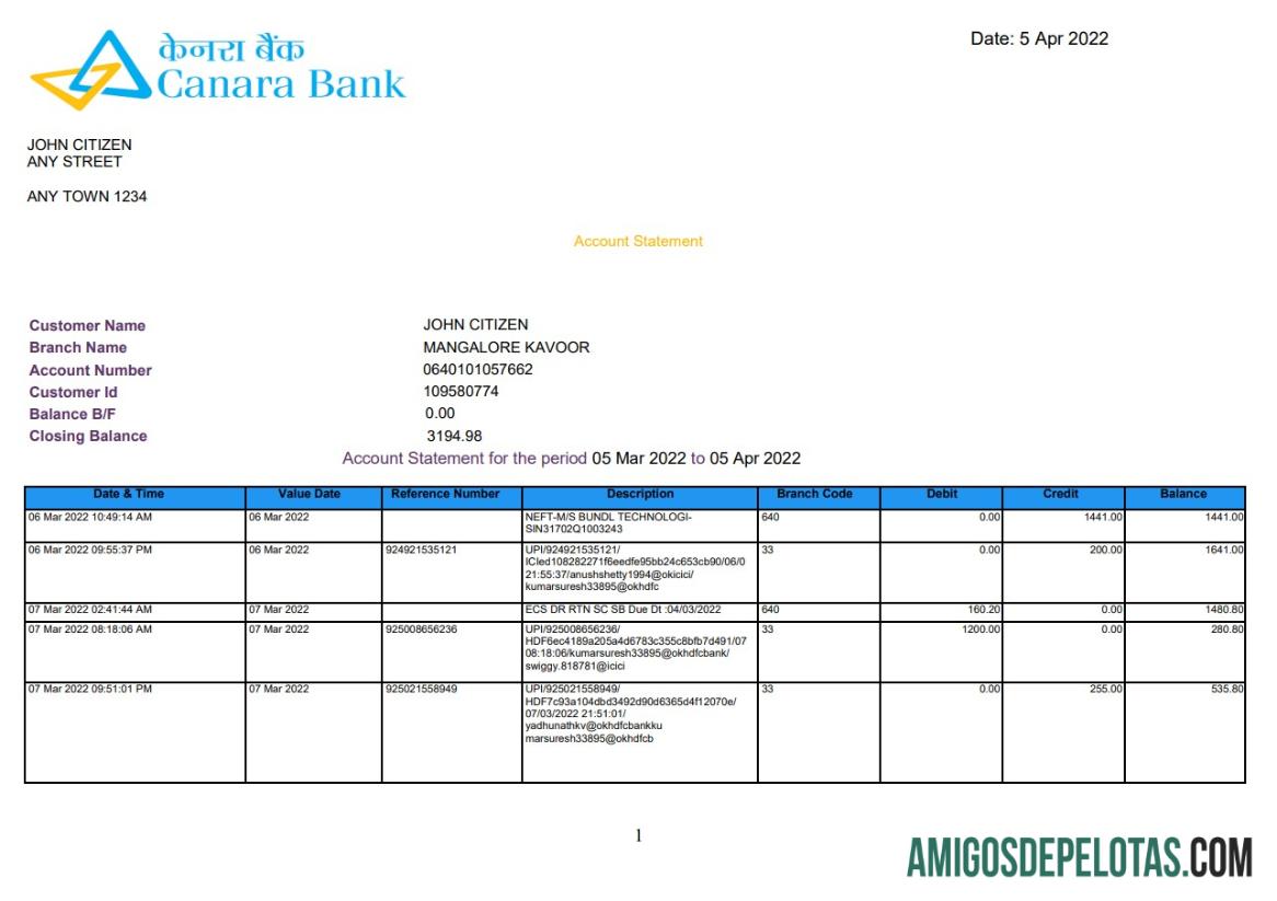 India Canara Bank Statement 5 Pages amostra